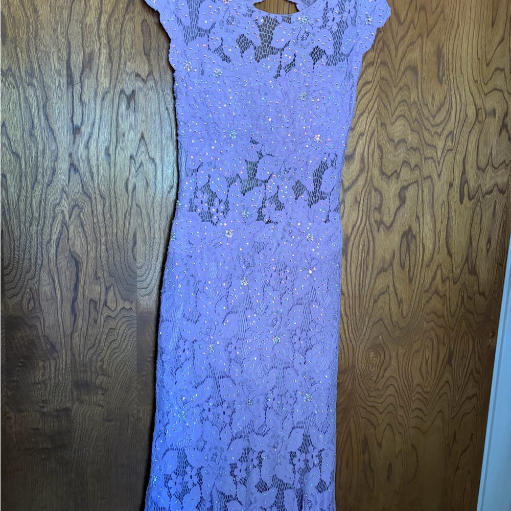 Jovani Lavender Lace Maxi Dress with Subtle Sparkle